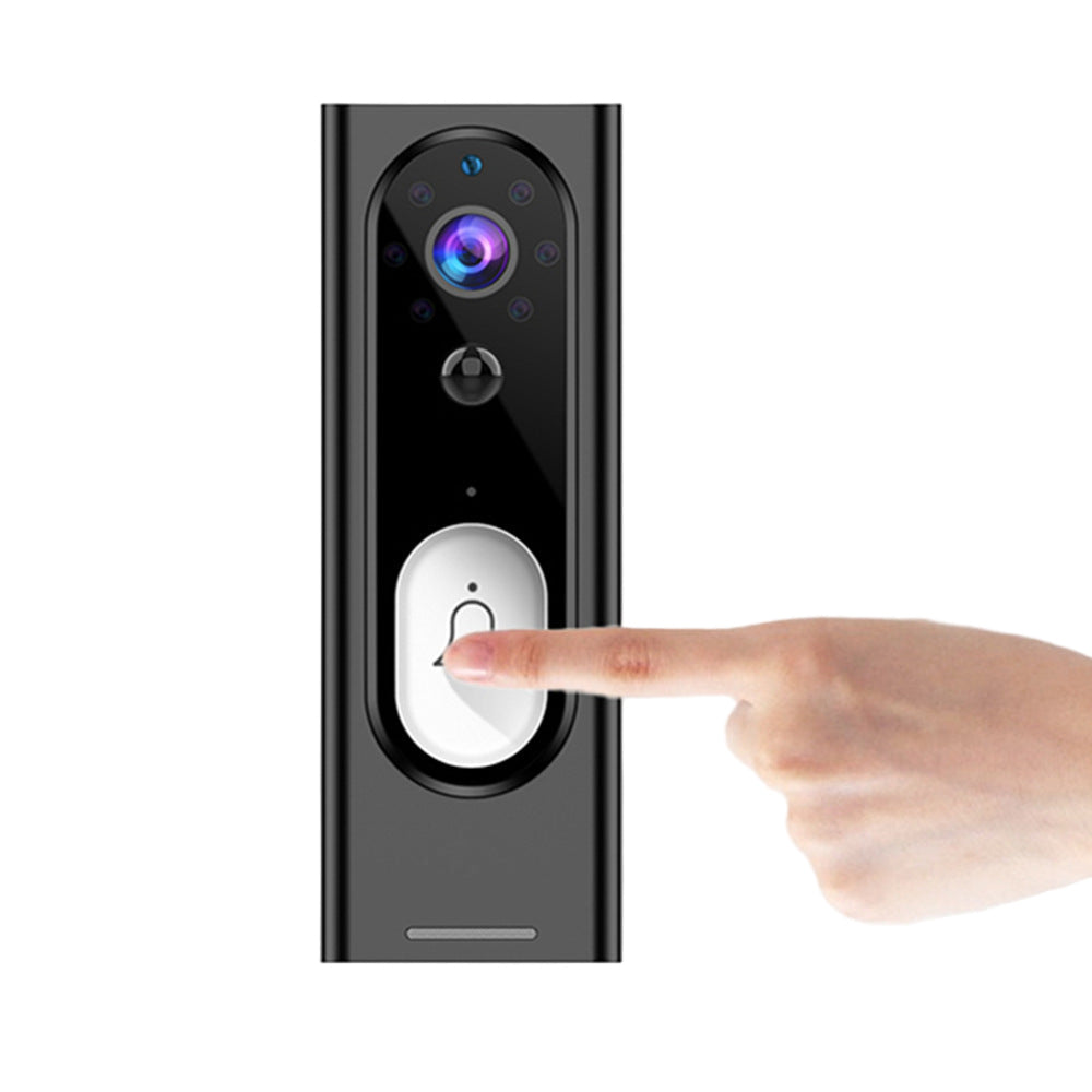Smart doorbell with a finger pressing the button on a white background