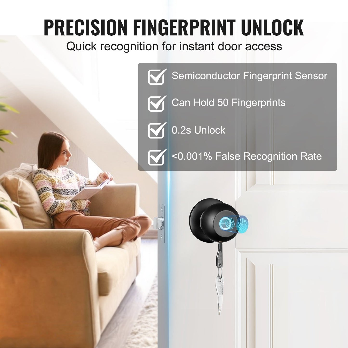 Door lock with fingerprint sensor in a home setting, featuring text about its features.