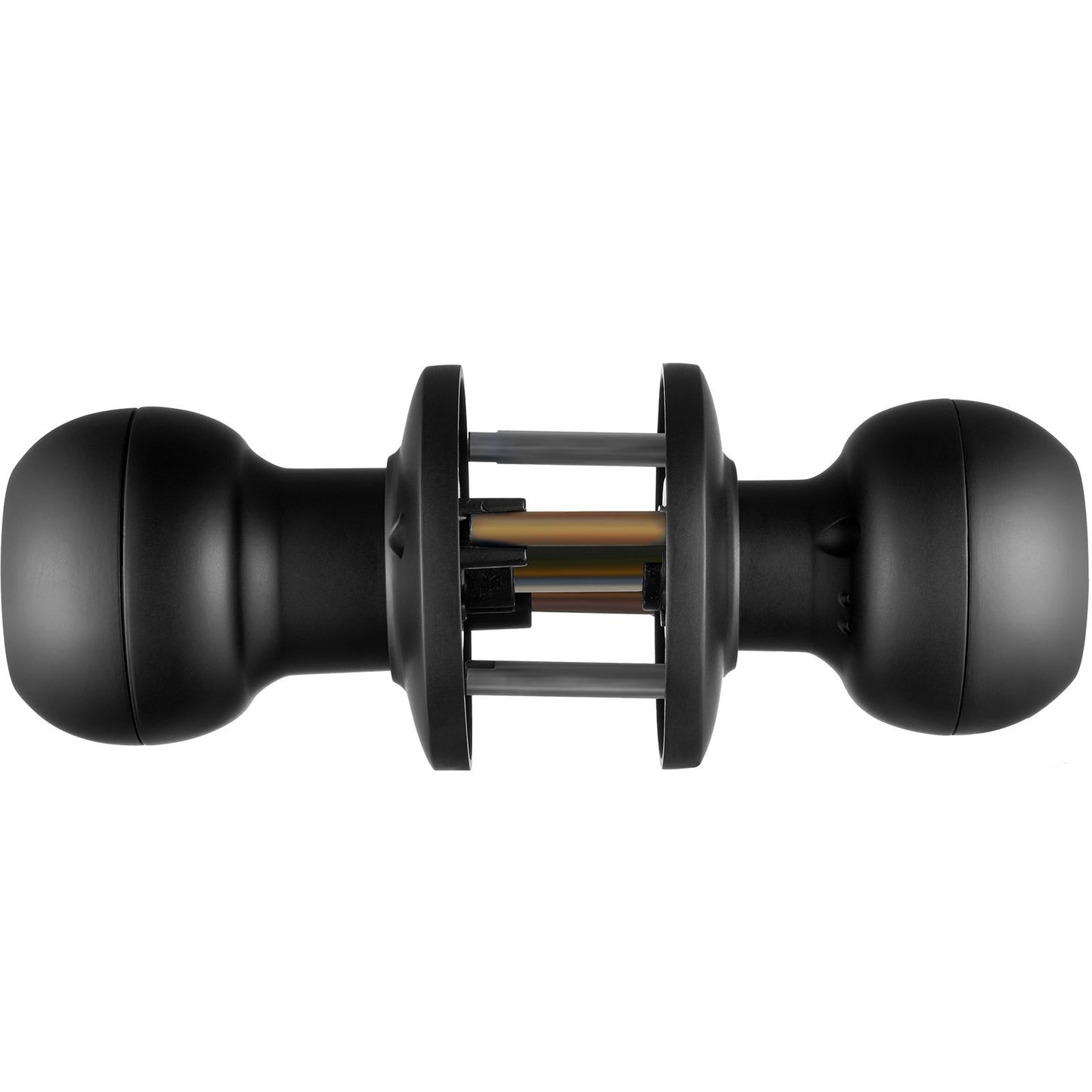 Black door handle with a metallic center on a white background