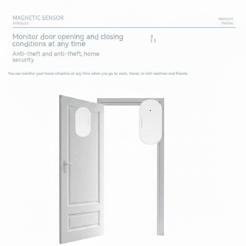 Magnetic sensor for door monitoring with text on a blue background