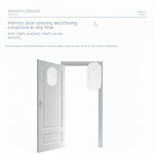 Magnetic sensor for door monitoring with text on a blue background