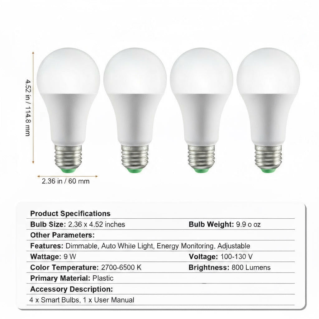 Four LED light bulbs with specifications on a white background