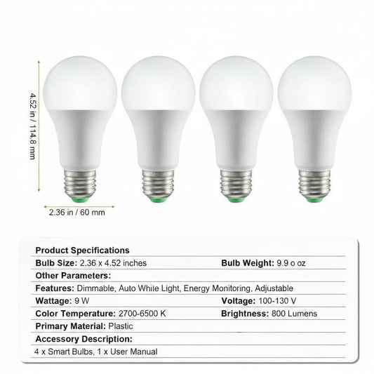 Four LED light bulbs with specifications on a white background