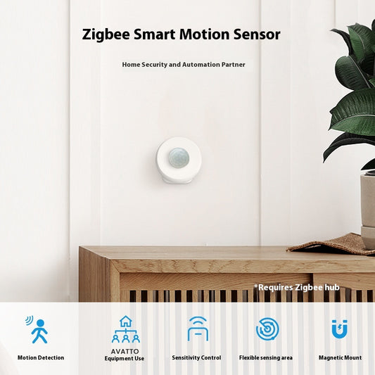 Zigbee smart motion sensor on a wall with home security features displayed below.