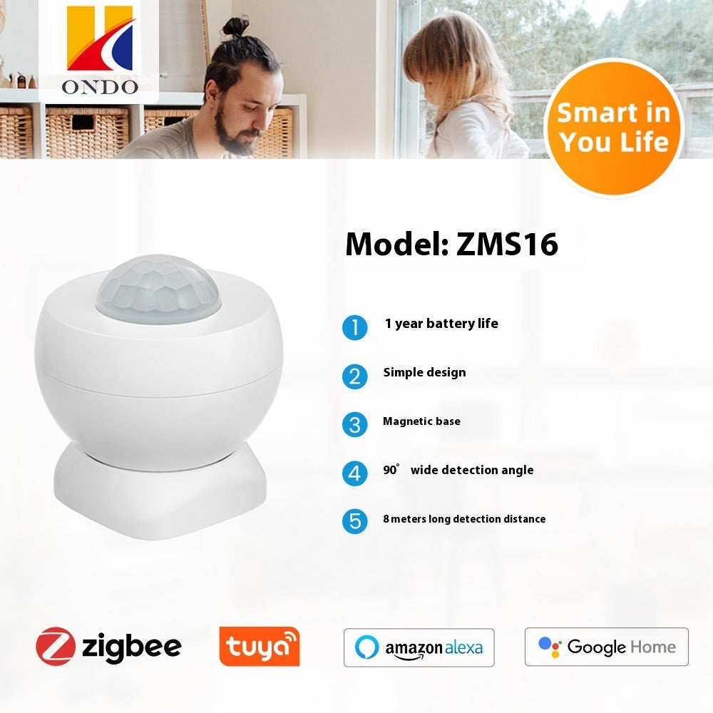 Smart sensor device with ONDO branding and features listed on a white background
