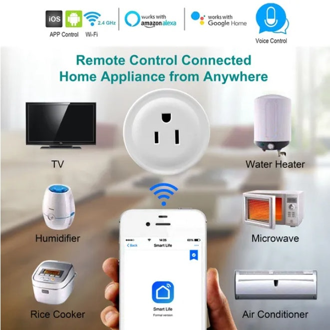 Smart home appliances and a phone with app controls on a white background