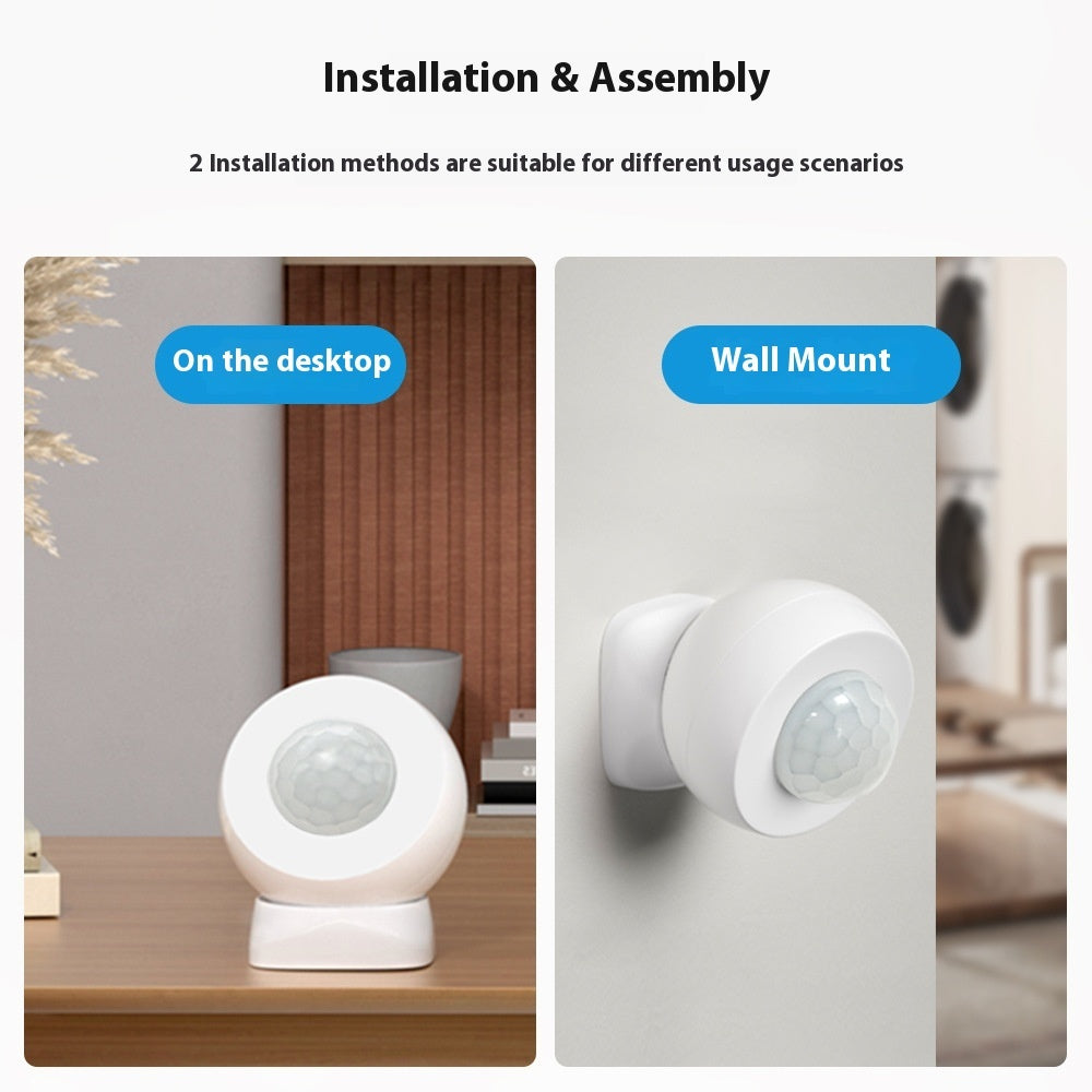 Two installation methods for a sensor device: on the desktop and wall mount, with corresponding images.
