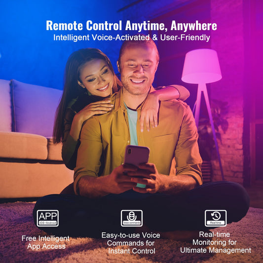 Couple using a smartphone with text about remote control features in a living room setting.