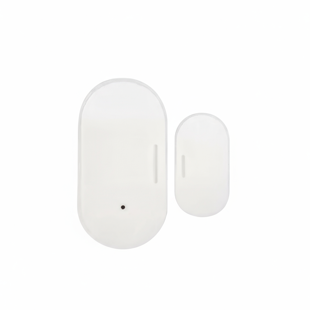 Two white door sensors on a light beige background