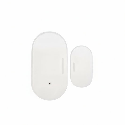Two white door sensors on a light beige background