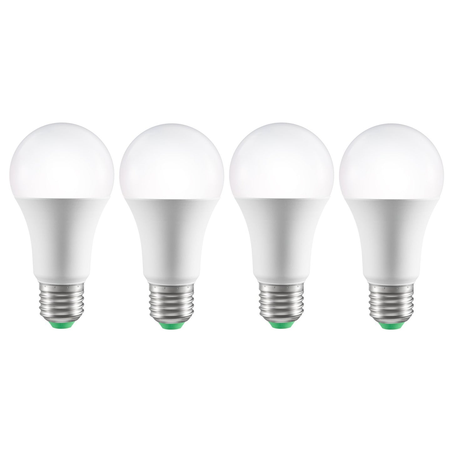 Four white light bulbs with green base on a white background