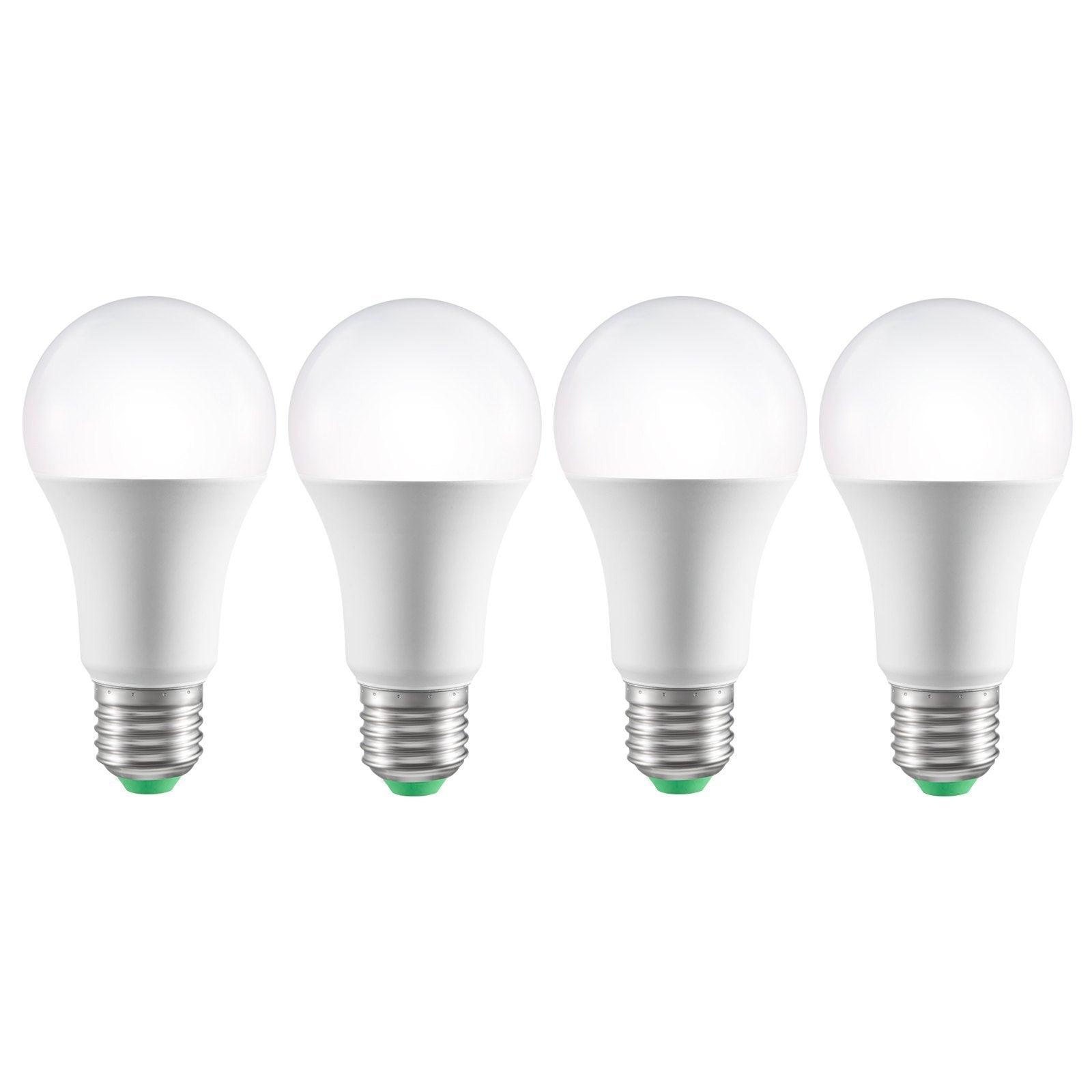 Four white light bulbs with green base on a white background