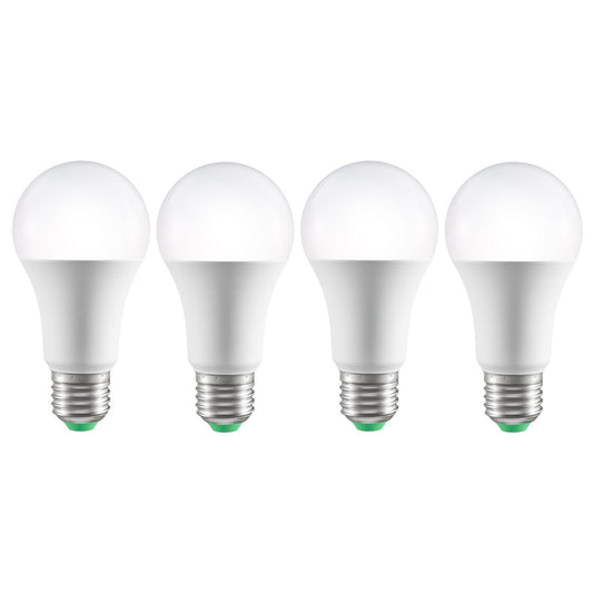 Four white light bulbs with green base on a white background