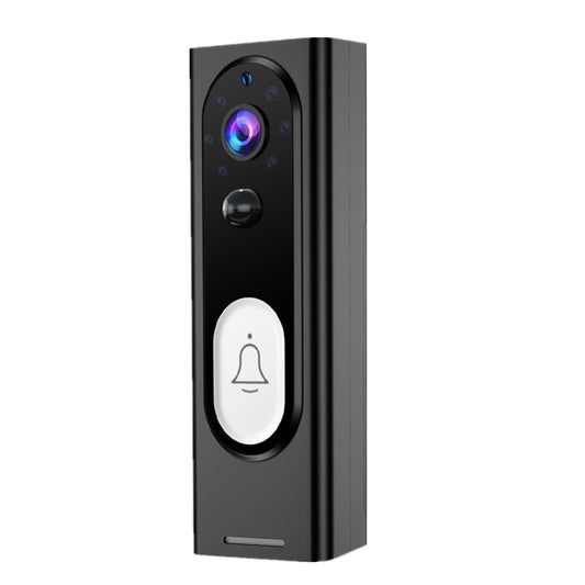 Black video doorbell with camera and button on a white background