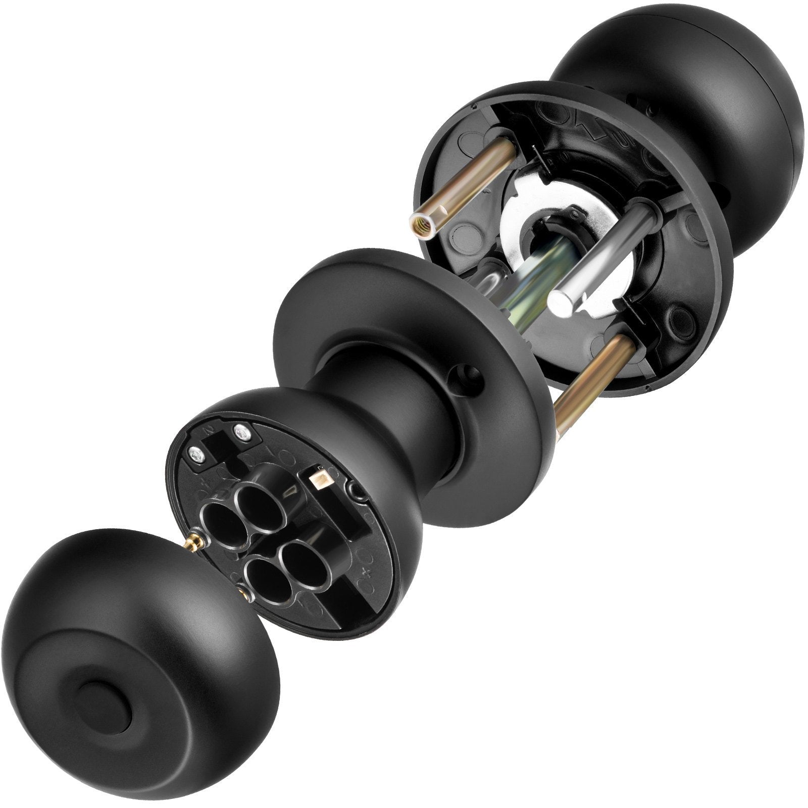 Close-up of black earbud components on a white background