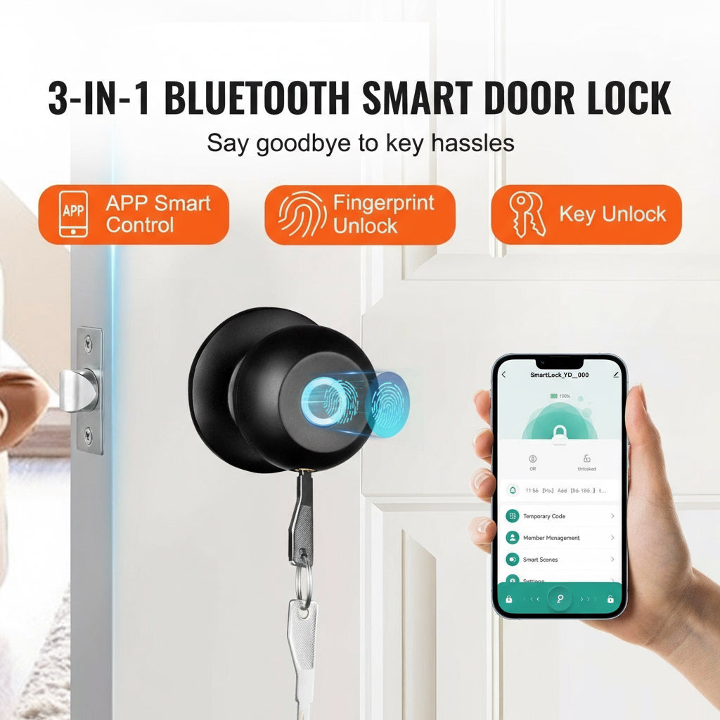 3-in-1 Bluetooth smart door lock with app control, fingerprint unlock, and key unlock features on a white door background.