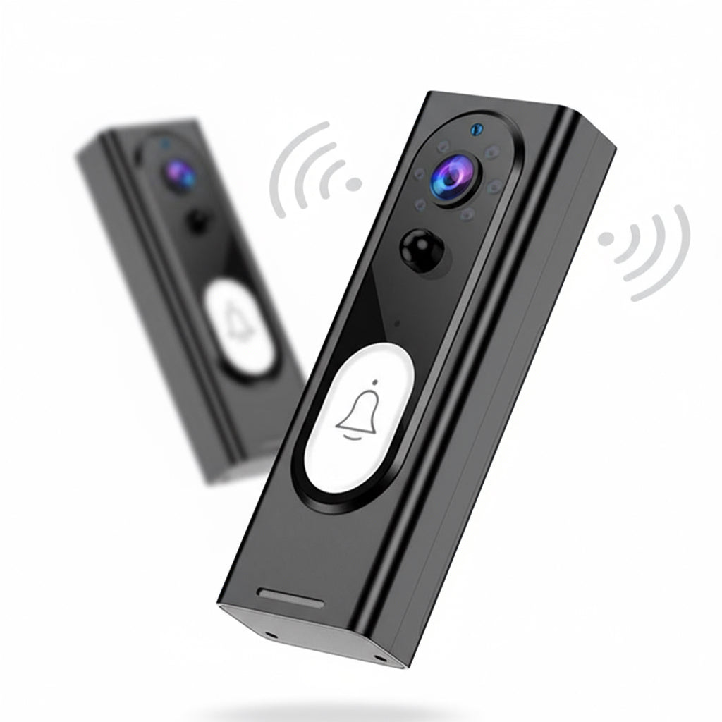 Black doorbell camera with a bell icon on a light gray background
