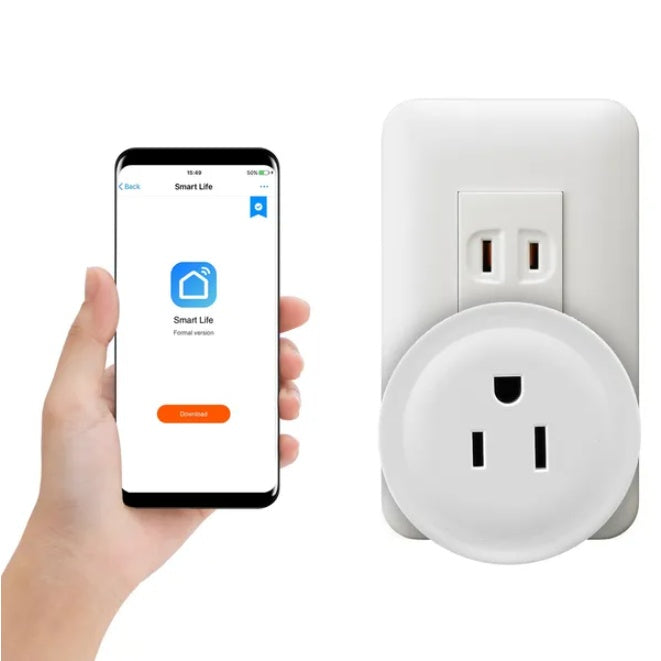 Smart plug and smartphone with app interface on a white background