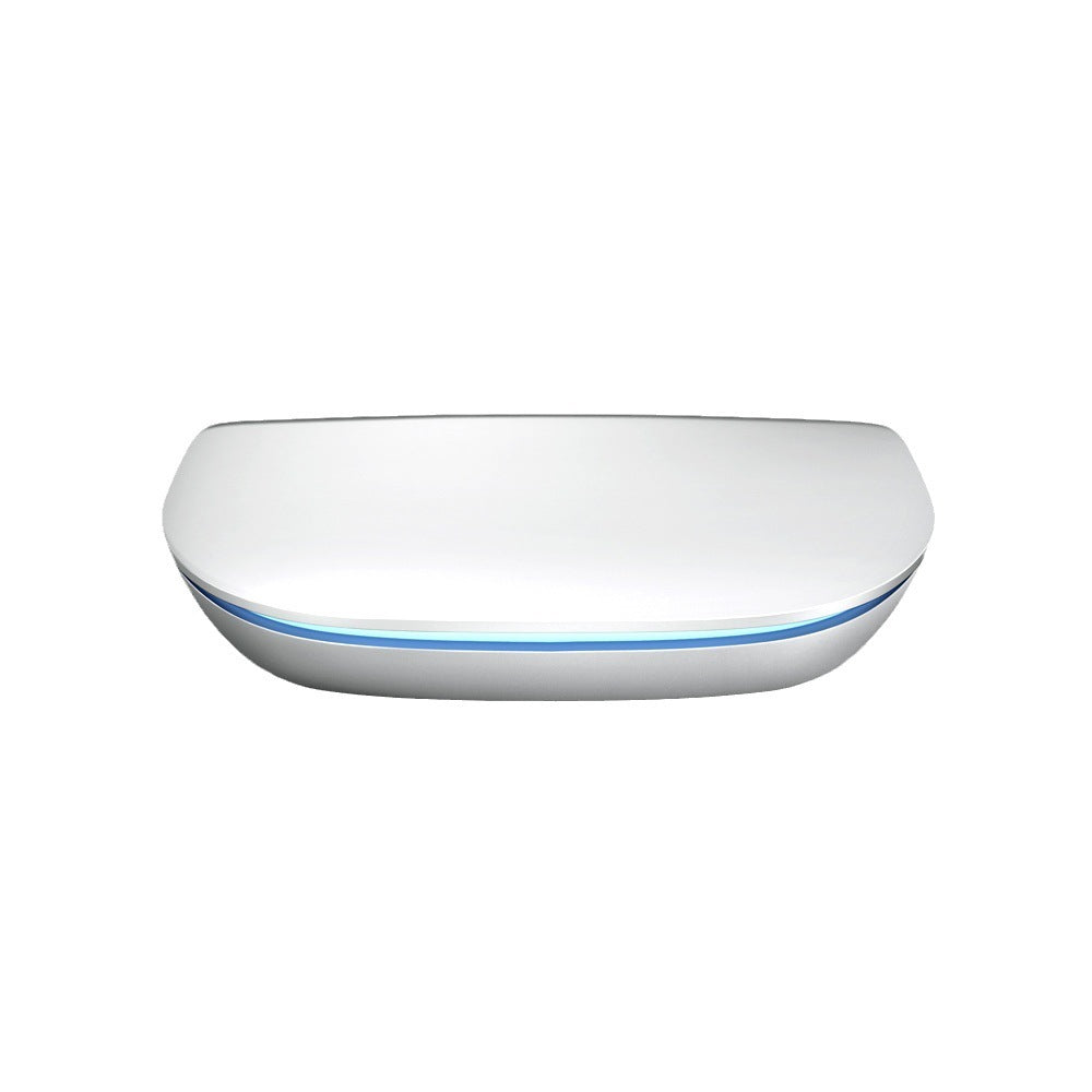 White electronic device with a blue light on a white background