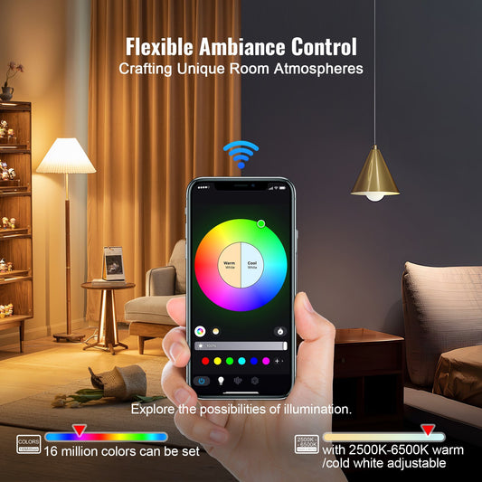 Hand holding a smartphone with lighting app in a living room setting, showcasing flexible ambiance control.